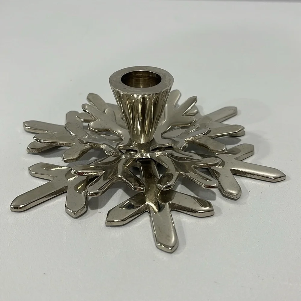 Crate & Barrel Silver Shiny Snowflake Taper Candle Holder